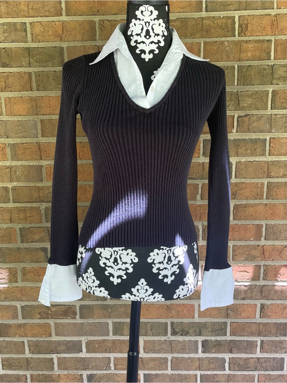 VTG Y2K Office Siren Ribbed Black Long Sleeve Blouse Womens 8